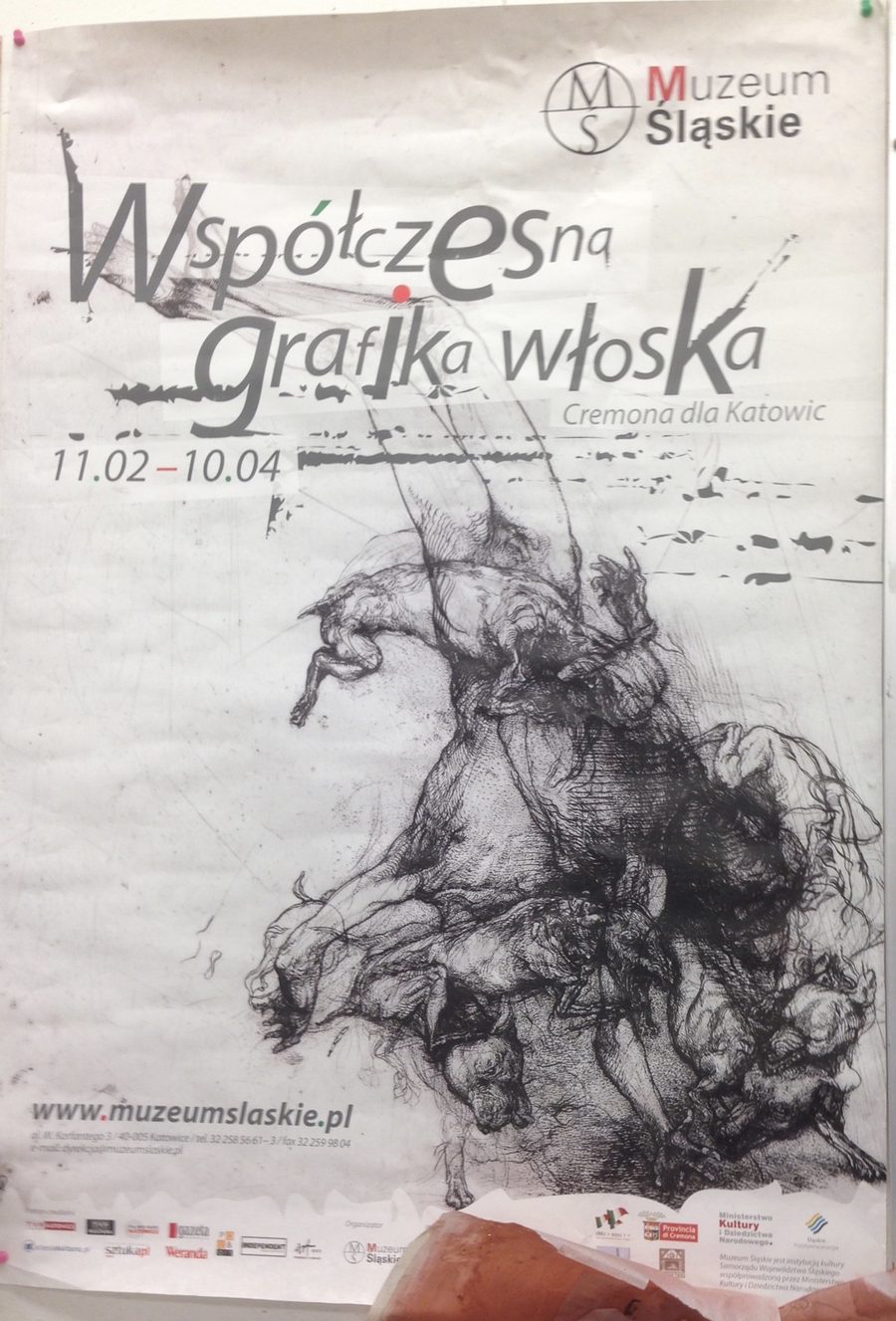 The Cremona dla Katowic exhibition poster, showing a column of intertwined figures and animals